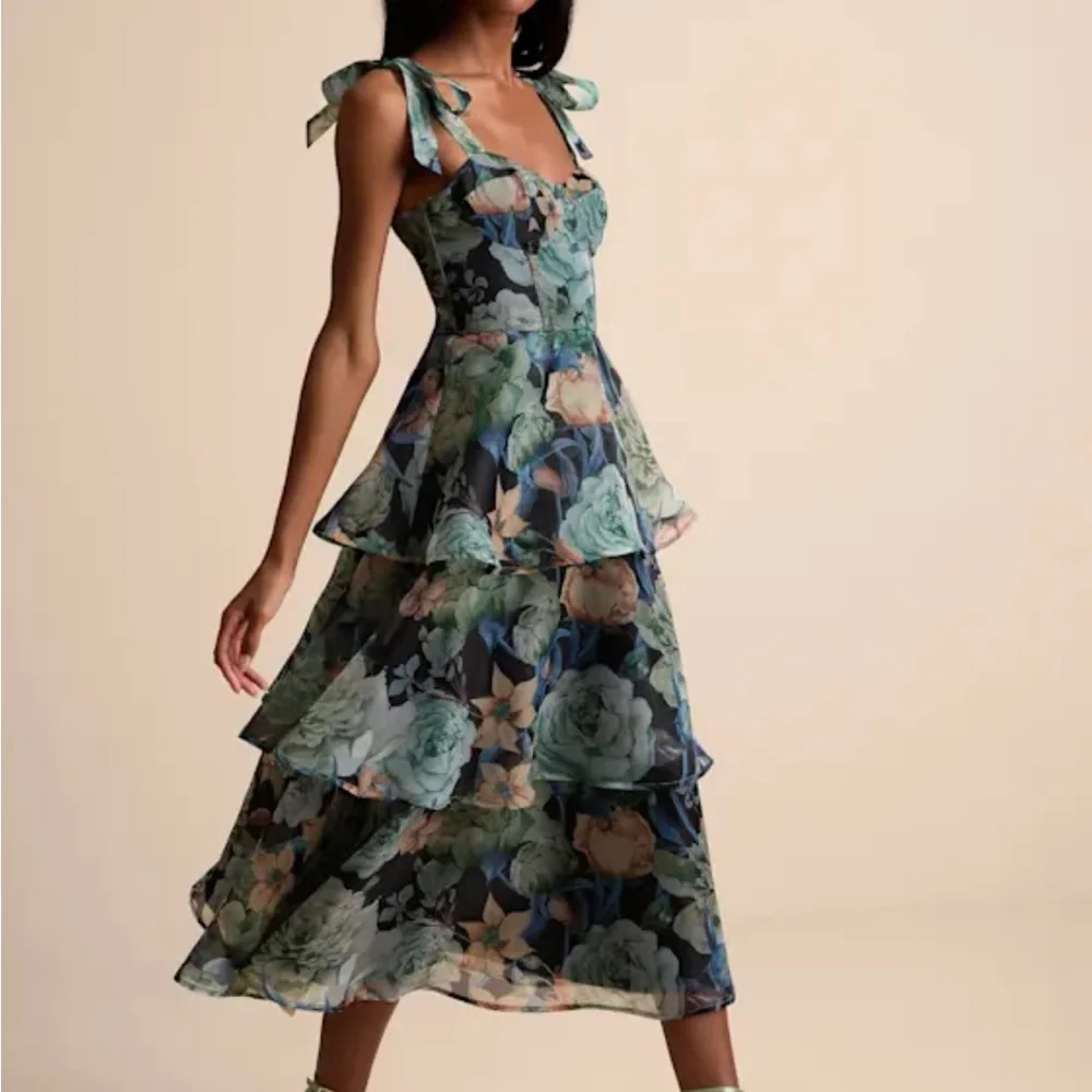 Lulus Playfully Posh Black Floral Organza Tie-strap Tiered Midi Dress - Size M - Picture 2 of 3